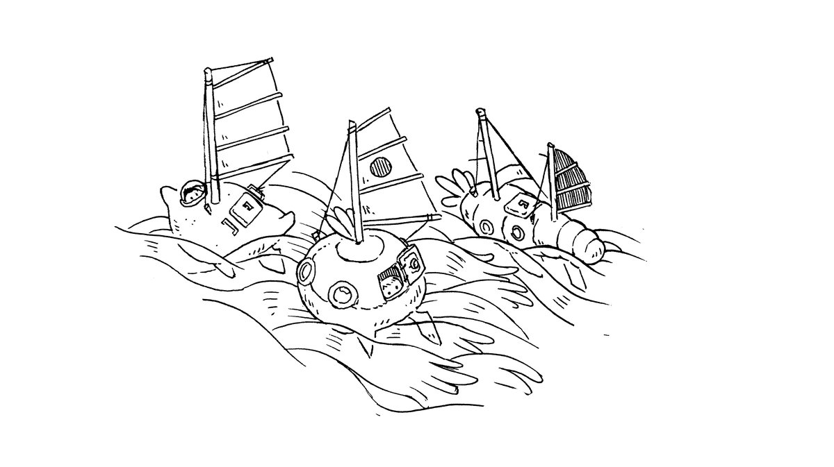 an illustration of different kinds of vegetable shaped sailboats, sailing together