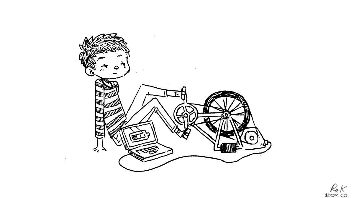 devine pedaling to charge a laptop battery