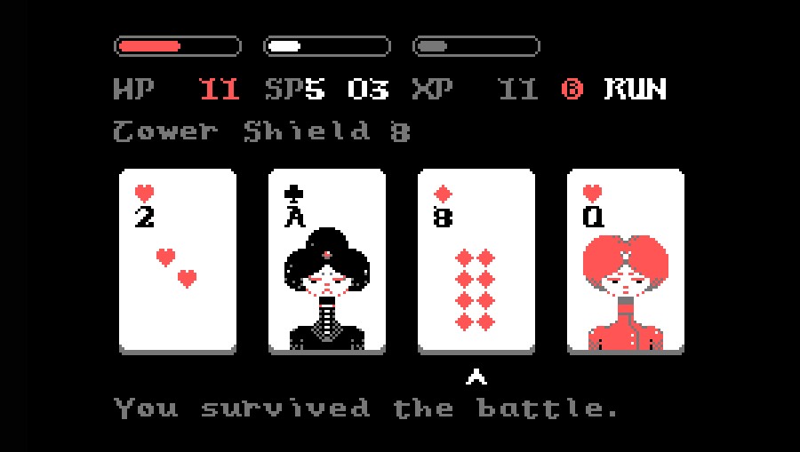 A screenshot of the game Donsol featuring 4 cards with one face down, the text reads: You blocked the attack