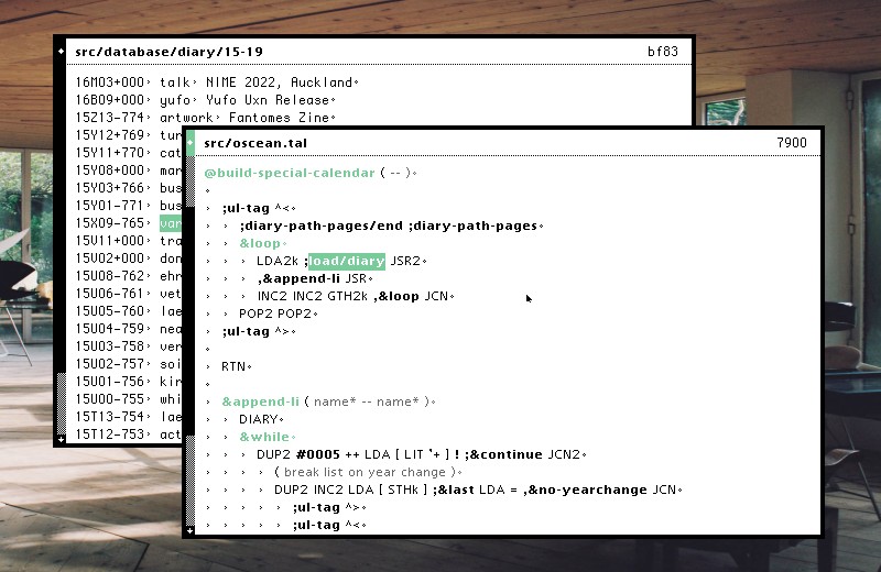 A screenshot of a Linux desktop with two instances of the Uxn application Left open