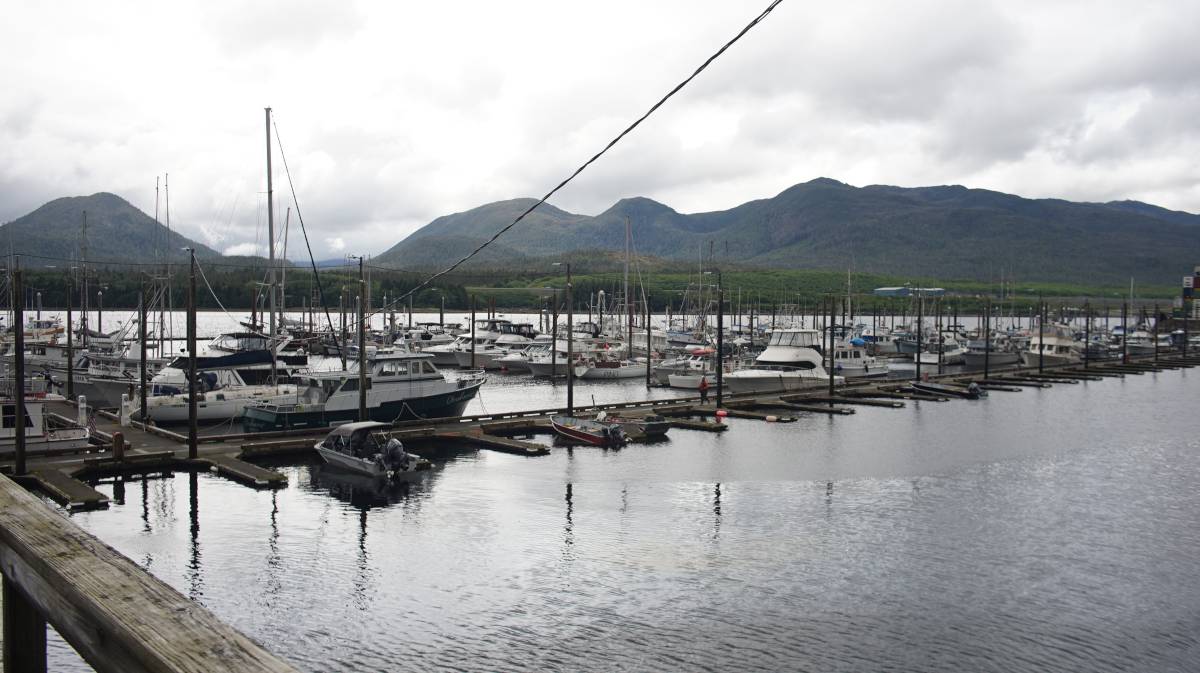 bar harbor marina with low mountains in the distance