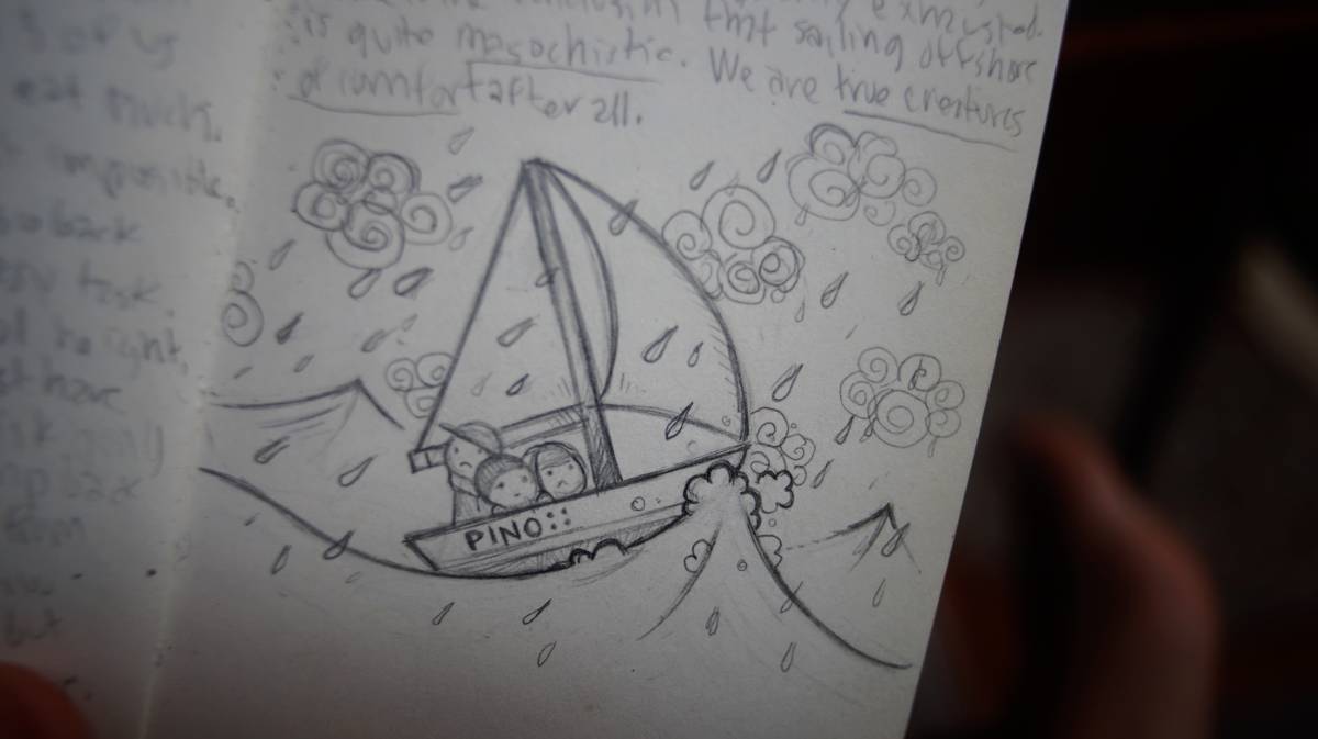 a sketch of pino and crew weathering a storm at sea