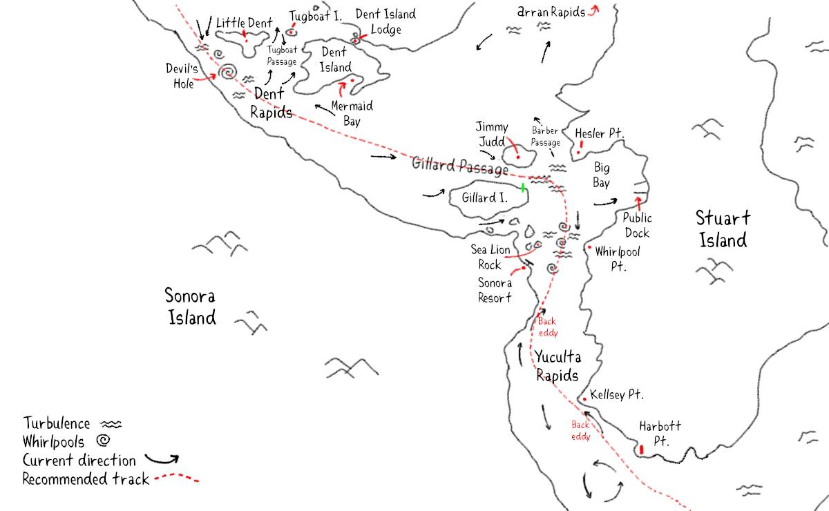 a map documenting the hazards and back eddies for the yuculta and dent rapids
