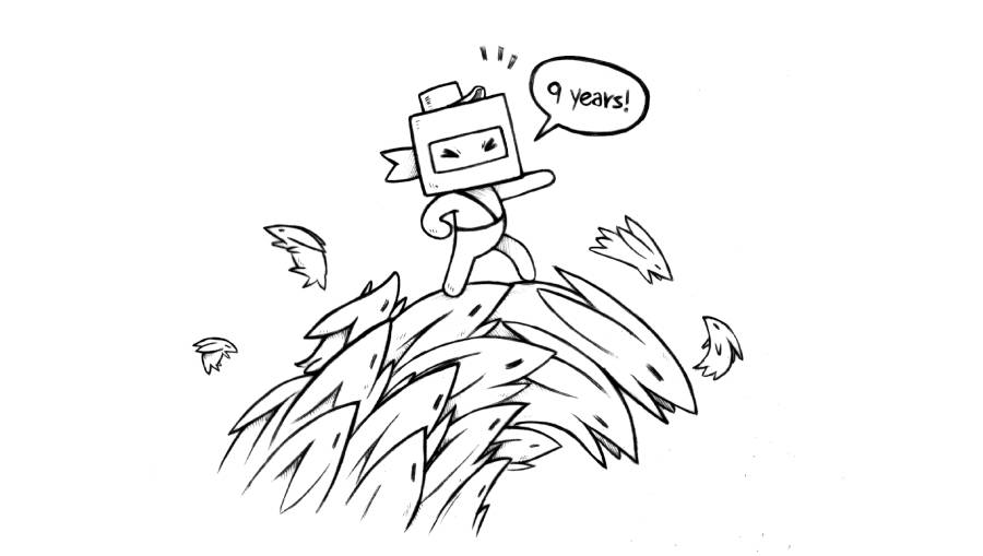 little ninj, a plus ninja, is riding a wave made up of rabbits while shouting: 9 years!