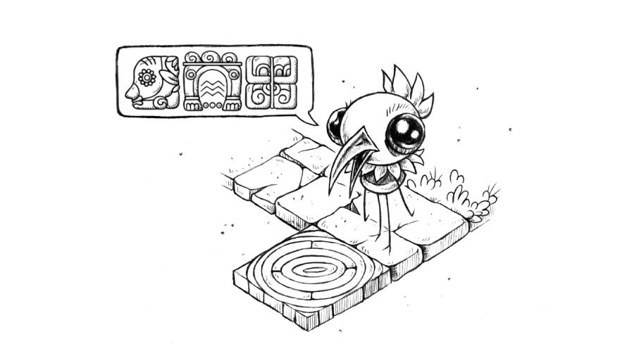 neomine, a bird-like character, standing on some isometric tiles floating in the void