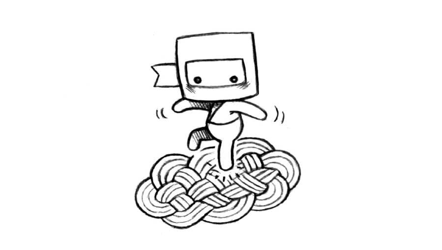 Ninj, a little grey ninja, is stamping down on a just-made rope mat to flatten it out