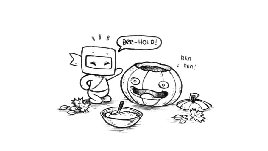 little ninj has carved a pumpkin, saying BEE-HOLD! The pumpkin is smiling, in a non-threatening and eager kind of way. A bowl with pumpkin pulp and a knife are laying nearby with some fallen tree leaves scattered on the ground.