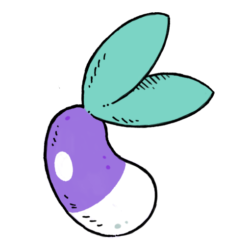 an eggplant-shaped character with thick leaves