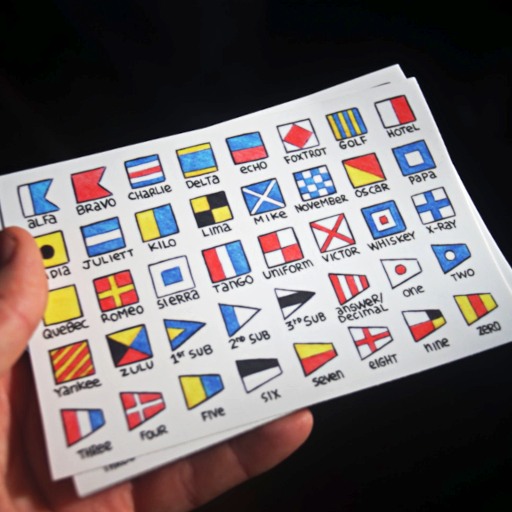 a hand holding a maritime flag sticker sheet