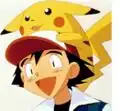 A boy and his yellow electric mouse. Ash/Satoshi and Pikachu from Pokémon.