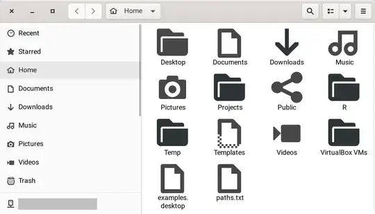 Screenshot of home folder showing black-and-white symbolic folder icons
