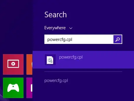 starting <code>powercfg.cpl</code> from Windows search