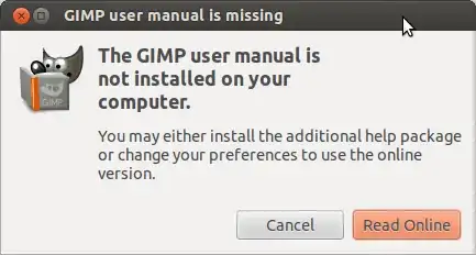 Dialog that says: "The GIMP user manual is not installed on your computer. You may either install the additional help package or change your preferences to use the online version". It has two buttons: "Cancel", and "Read Online".