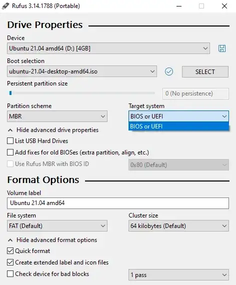 Rufus options screenshot
