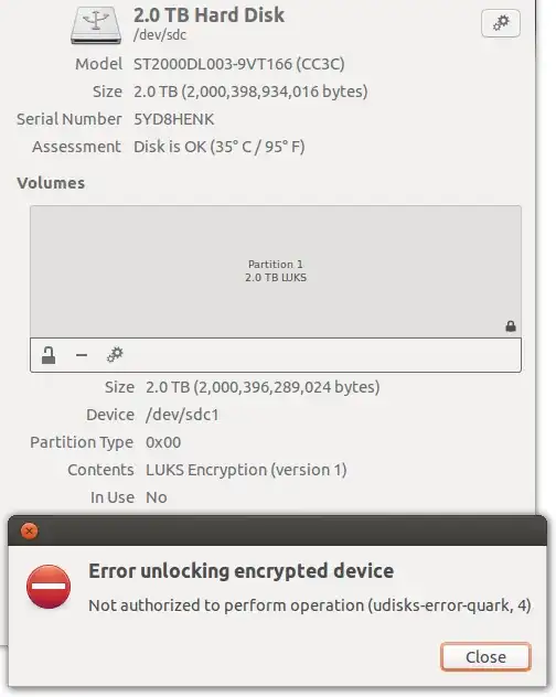 Not authorized to perform operation (udisks-error-quark, 4)