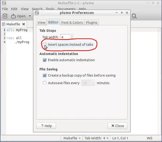 Screenshot showing the Preferences dialog box in Pluma--whose interface is essentially the same as in Gedit--indicating the location of the Insert spaces instead of tabs checkbox near the top of the Editor tab