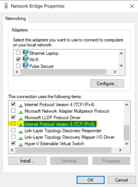 Screenshot of Disabling Internet Protocol Version 6 (TCP/IPv6)