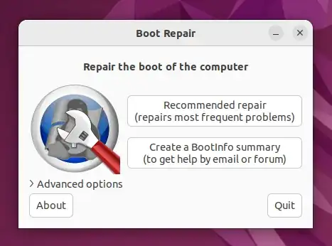 The Boot-Repair dialogue. It has "Recommended Repair" button, a "Create BootInfo Summary" button, and an "Advanced options" dropdown.