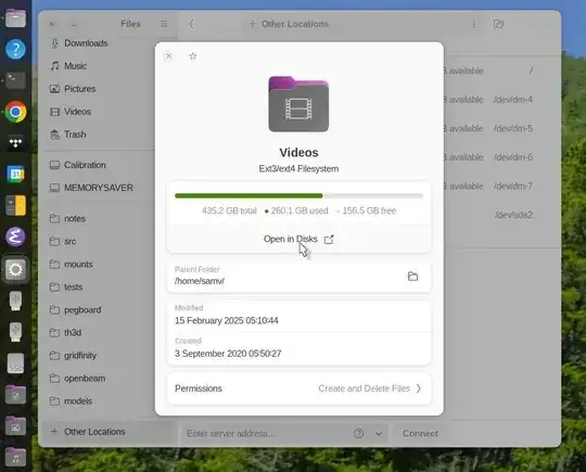 nautilus file manager with a volume's "properties" modal window shown