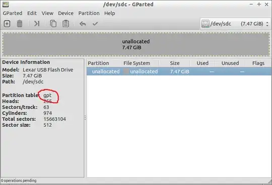 GParted screenshot showing that the partition table is of type gpt