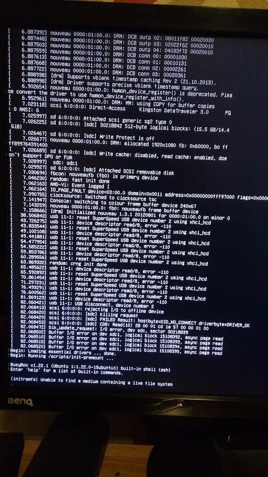 black screen with text... ends: initramfs unable to find a medium containing a live filesystem