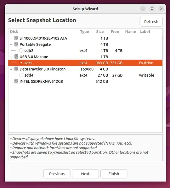 The Timeshift "Select Snapshot Location" prompt. A drive, "Maxone" is selected.