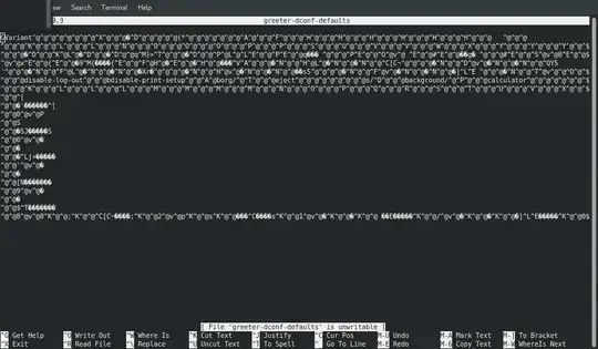 screenshot of the binary greeter-dconf-defaults file viewed in Nano