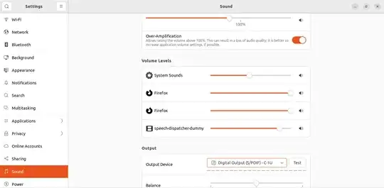 Sound settings, showing Firefox audio at max volume