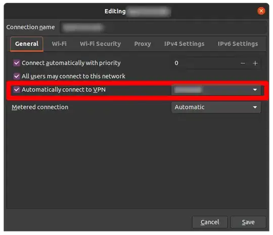 Network configuration window, general tab, auto-connect option in red