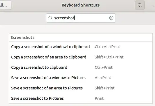 Screenshot of keyboard shortcuts