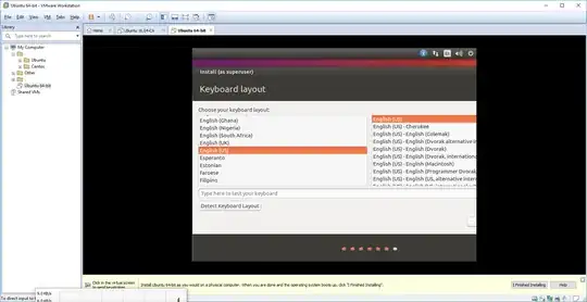 A picture showing the 'Keyboard Layout' selection screen from the Ubuntu graphical installation routine, within the framework of VMware Workstation 14 is displayed.  The rightmost inch of the Ubuntu install screen, including all but the left border of the "Cancel" button and the entire "OK" button, is occluded.