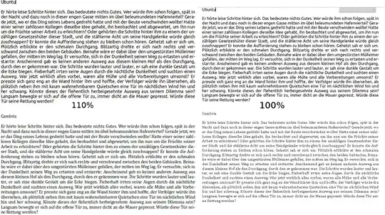 Comparison between the system font and Cambria at different zoom levels