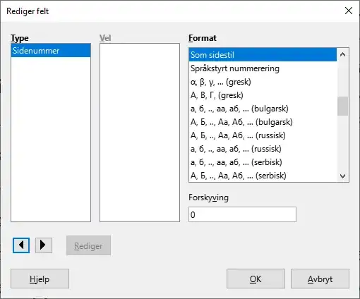 Page numbering style window