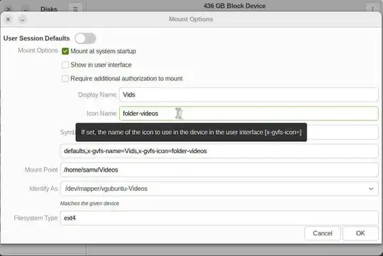 gnome-disks mount options dialog, with the icon name field set to 'folder-videos' and the volume name field set to 'Vids'