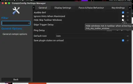 this is a screenshot of the CompizConfig Settings Manager General Options tab showing the mouse cursor hovering over the unticked box for the Hide Skip Taskbar Windows option. The popup hint menu reads Hide windows not in taskbar when entering show desktop mode. This box should be unticked or unchecked