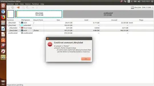 GParted screenshot with partitions and error message "Could not unmount"