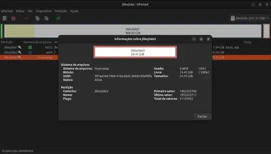 Gparted screenshot containing the information about the swap partition