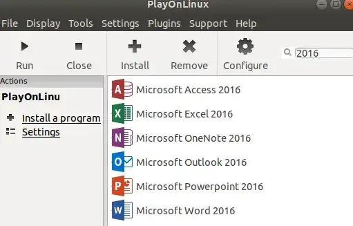 PlayOnLinux with Office 2016 applications displayed