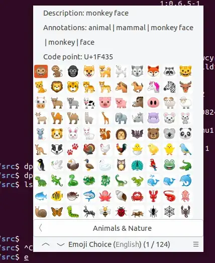 Emoji Choice on GNOME Terminal, Animals & Nature, Unicode special characters