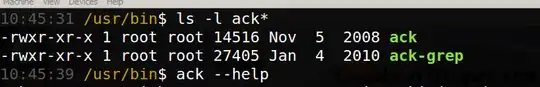 screenshot showing ack and ack-grep as separate executables in <code>/usr/bin</code>, with different sizes, neither of which is a symbolic link