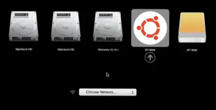Mac Startup Manager showing volumes and Ubuntu logo