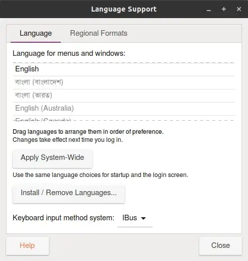 Language Support dialog with Bangla