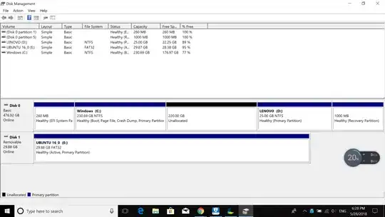 Windows disk management with ESP, 2 primary partitions, recovery partition and 220GB unallocated, third partition left to right