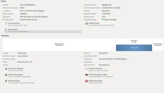 screenshot of Disk Utility showing a 500 GB drive with two primary & one logical partition