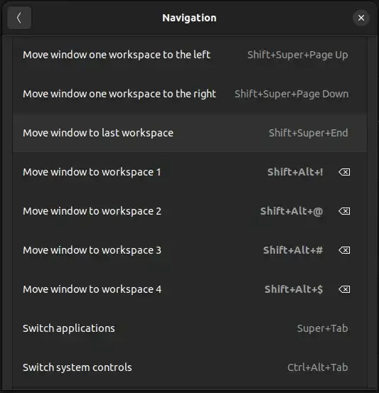 screenshot of workspace navigation keyboard shortcut settings showing that "Move window to workspace 4" is bound to Shift+Alt+$