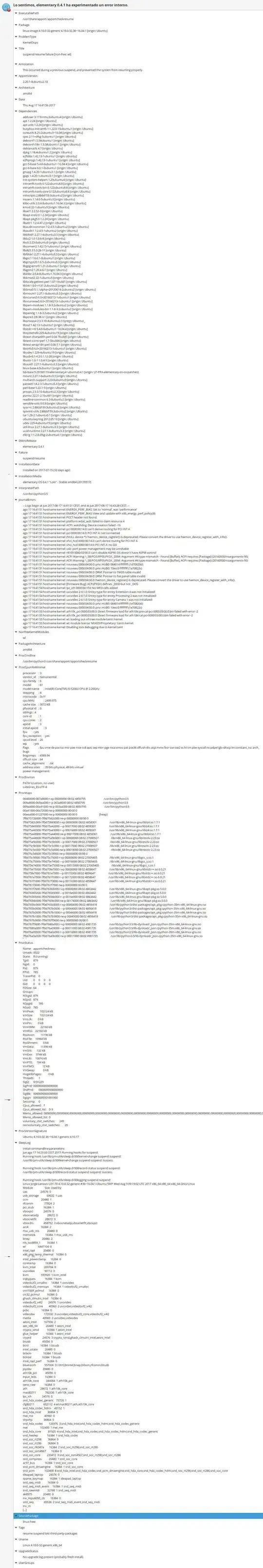 Elementary has experienced an internal error