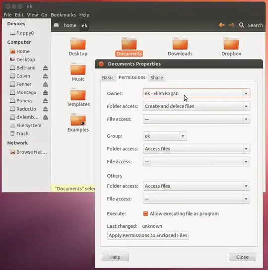 A nautilus Window, running as root, with a Properties dialog box up on a folder, showing how to change it's owner.