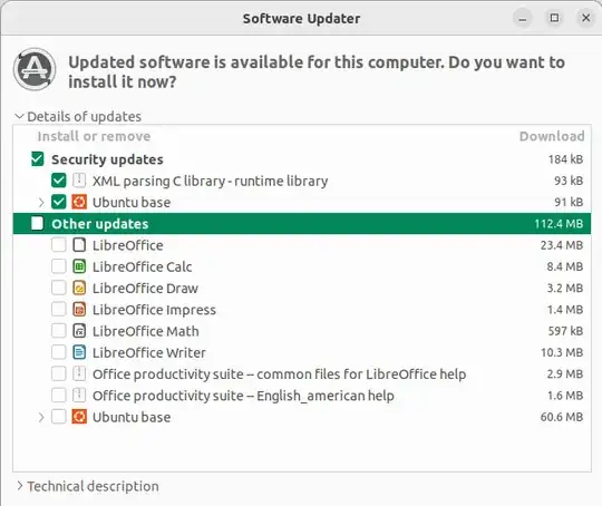 openoffice updates cannot be selected
