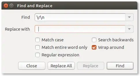 Find and Replace dialog box, searching for Windows-style (CRLF) line endings