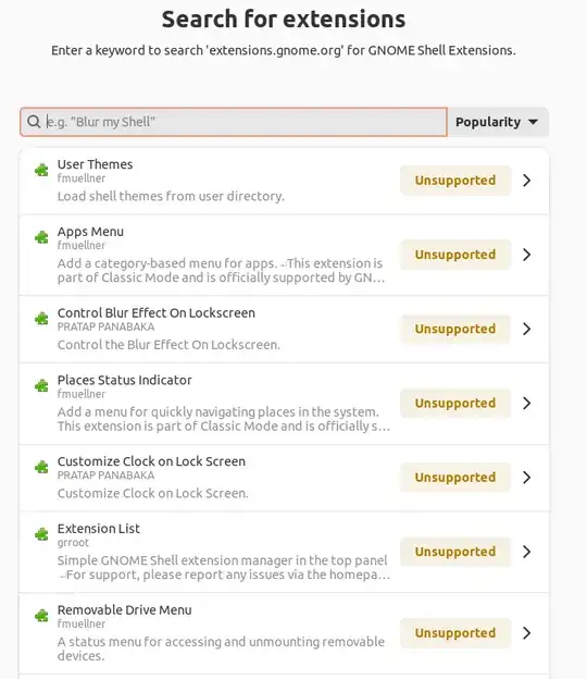A screenshot of the extension-manager app, browsing the most popular extensions. They are all listed as unsupported.